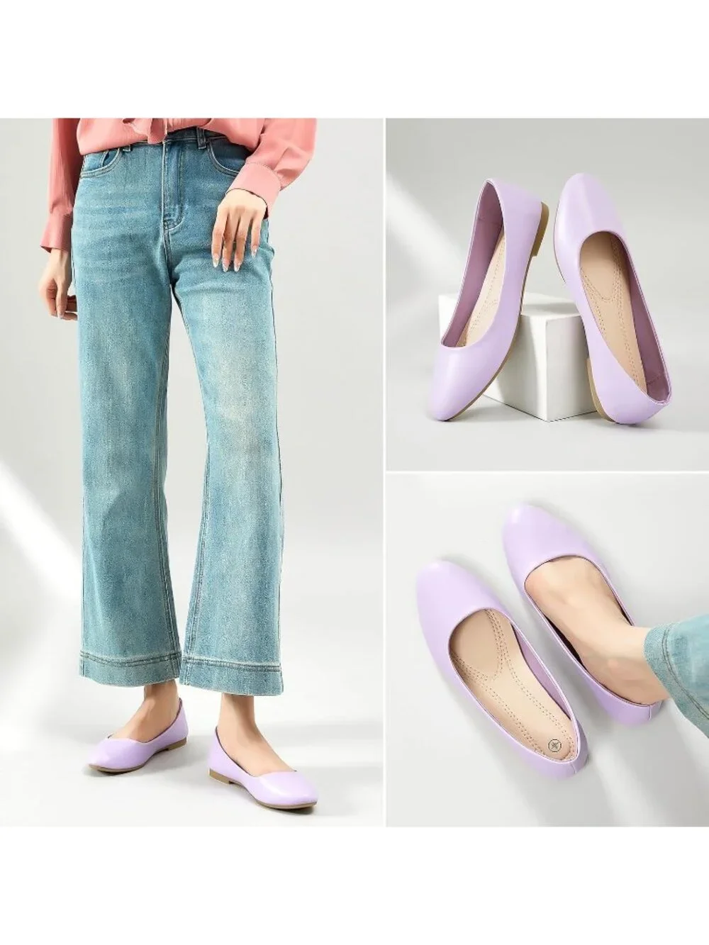 Women Light Purple PU Leather Close Toe Comfortable Flexible Slip On Ballet Flat